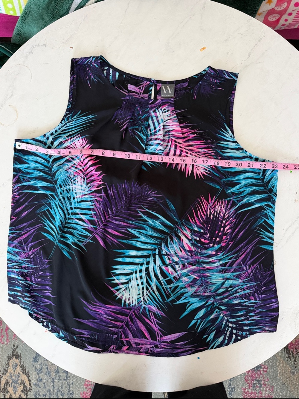 Worthington Black Sleeveless Top with Teal, Purple & Pink Leaf Print - Picture 9 of 10